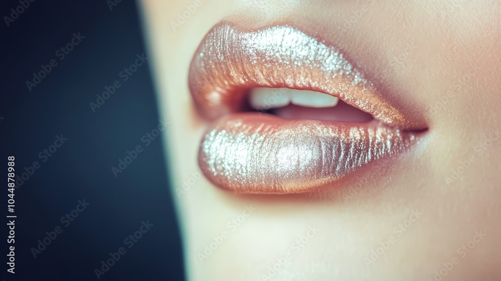Close-up of Plump Lips with Shiny, Metallic, Gold Lipstick. Beauty and Fashion Photography. Close-up of Plump Lips with Shiny, Metallic, Gold Lipstick. Beauty and Fashion Photography.
