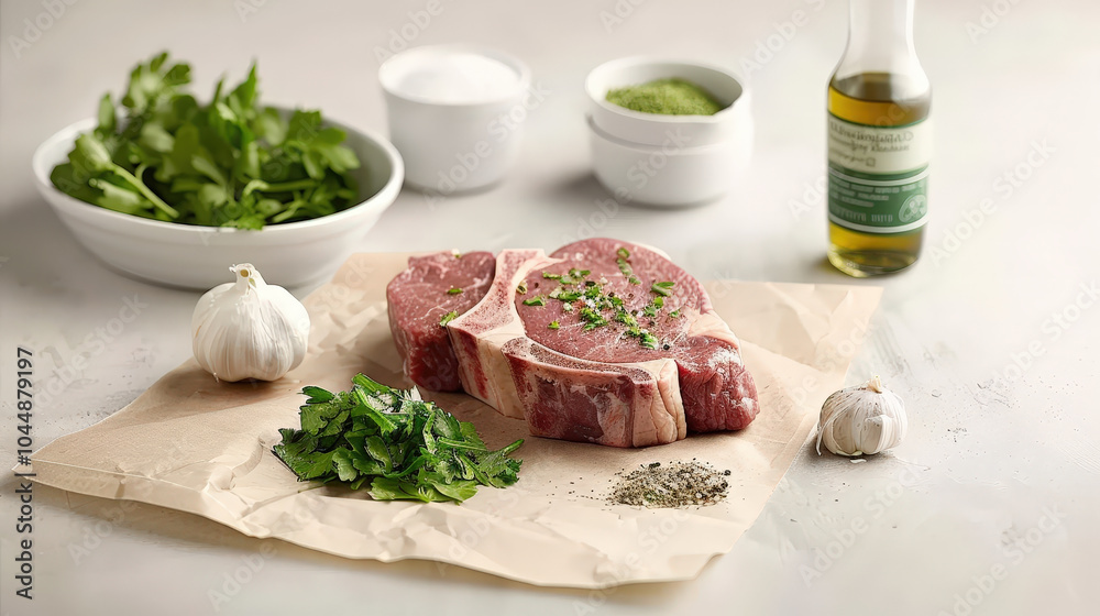 Fresh T bone steak with herbs, garlic, and olive oil ready for cooking. vibrant ingredients enhance dishs appeal, promising delicious meal Fresh T bone steak with herbs, garlic, and olive oil ready for cooking. vibrant ingredients enhance dishs appeal, promising delicious meal