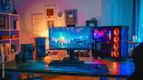 A desktop computer setup with dual monitors