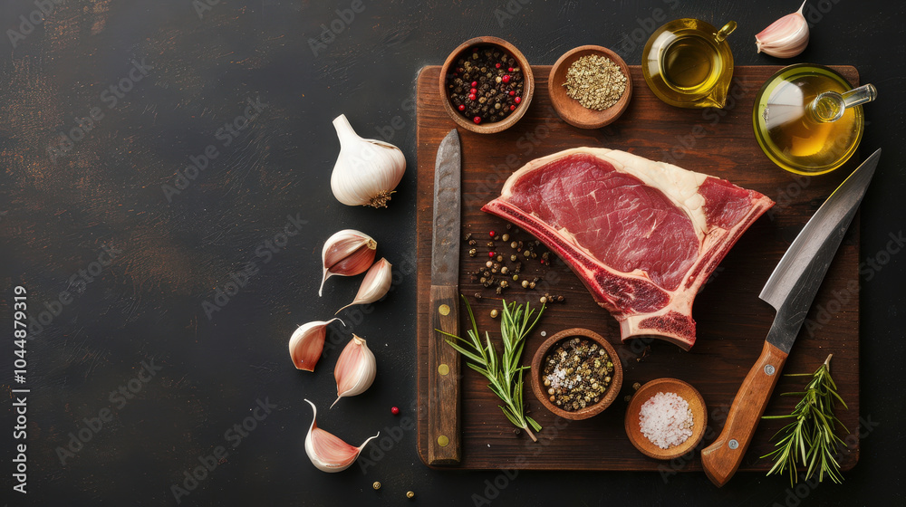 Fresh T bone steak with garlic cloves, herbs, and spices on wooden cutting board, ready for cooking. rich colors and textures create inviting atmosphere for delicious meal