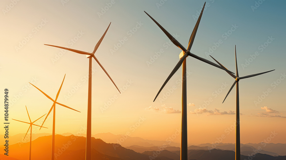 Fototapeta premium Wind turbines at sunset create stunning landscape, showcasing renewable energy in serene environment. silhouettes against colorful sky highlight importance of sustainable energy sources