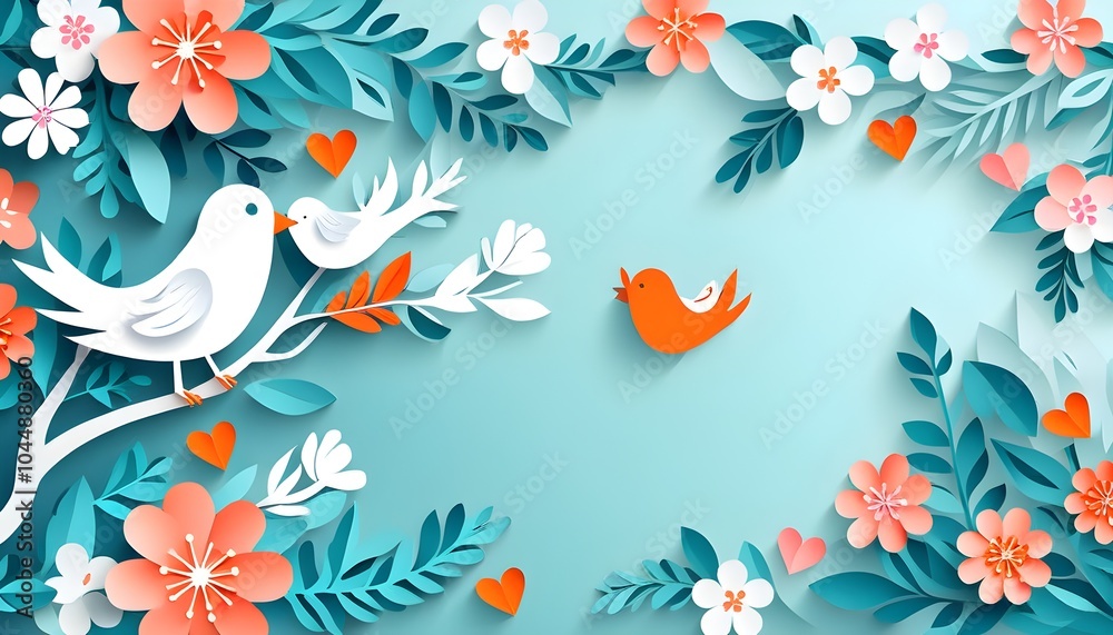 Obraz premium Whimsical Lovebirds Nestled Among Paper-Cut Tree Branches in a Romantic Atmosphere
