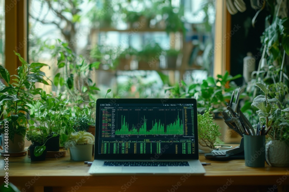 Lush indoor garden workspace with a laptop displaying stock market data, featuring vibrant greenery and a tranquil, productive environment. Lush indoor garden workspace with a laptop displaying stock market data, featuring vibrant greenery and a tranquil, productive environment.