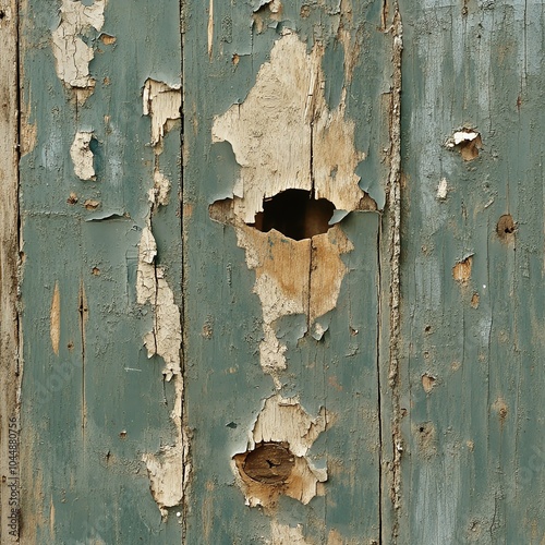 Weathered wooden wall with peeling paint and holes, showcasing aged texture. photo