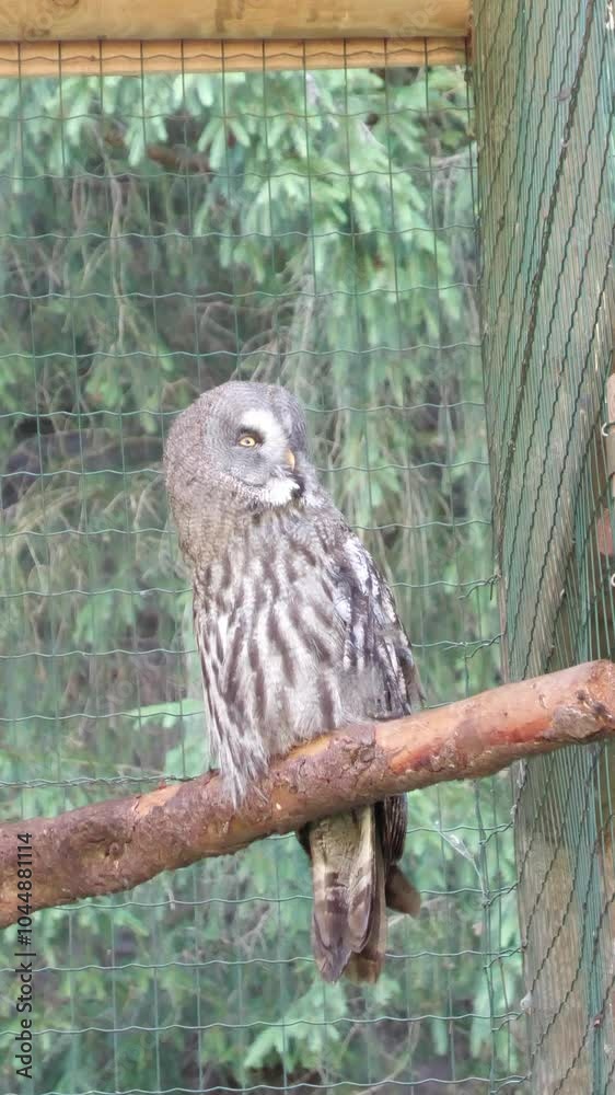 Close-up of an owl perched in captivity within a forest, handheld 4K video. Close-up of an owl perched in captivity within a forest, handheld 4K video.
