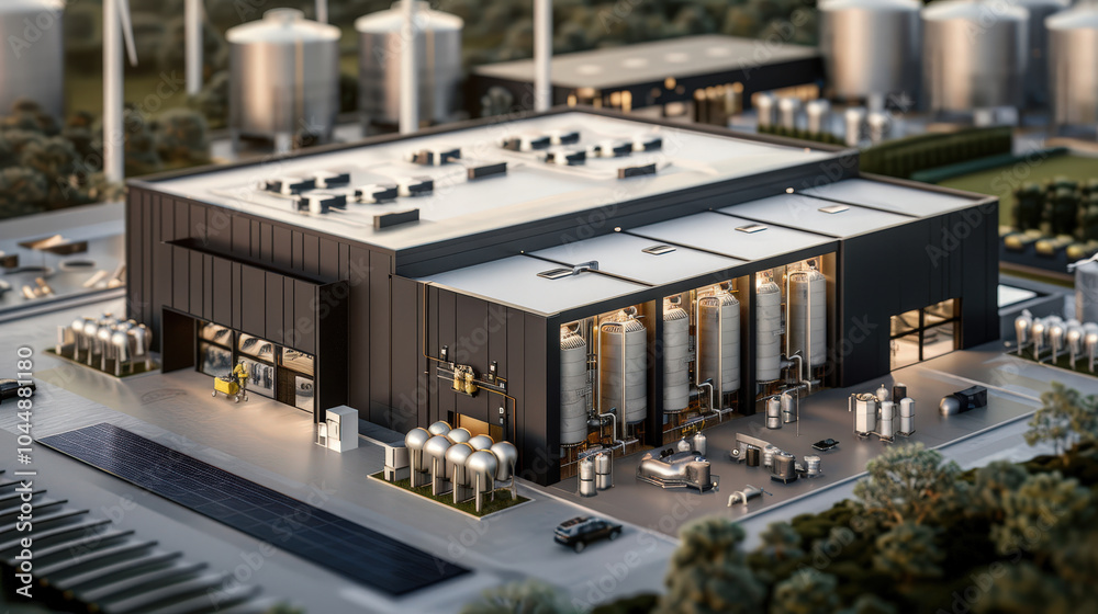 Obraz premium modern renewable energy facility focused on hydrogen production, showcasing advanced technology and sustainable practices. structure features large storage tanks and solar panels, emphasizing eco