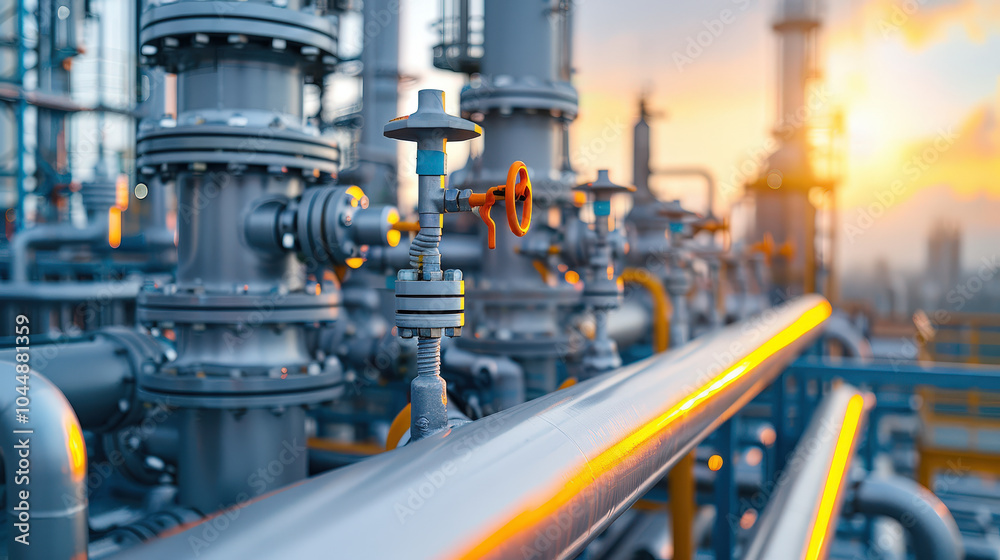 Industrial pipelines and valves in modern facility, showcasing advanced engineering and technology. warm glow of sunset enhances scene, reflecting innovation in energy production Industrial pipelines and valves in modern facility, showcasing advanced engineering and technology. warm glow of sunset enhances scene, reflecting innovation in energy production