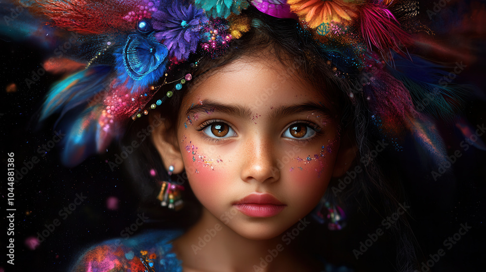 Naklejka premium young girl with vibrant feathers and colorful makeup, showcasing joyful expression and intricate details in her attire. Her eyes are captivating and full of life