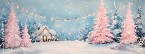 Oil painting of a Christmas tree farm with a pink house and string lights in the background, set against a snowy landscape