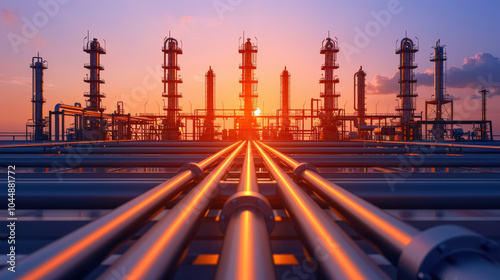 Rows of refinery towers with intricate pipe networks illuminated by stunning sunset. scene captures industrial beauty and complexity of oil processing facilities