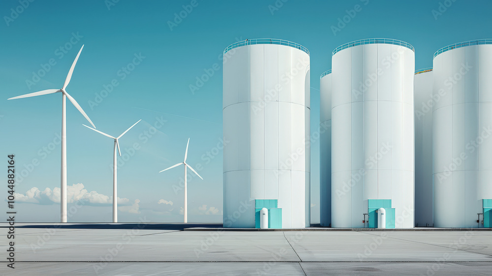 Clean energy facility featuring large white storage tanks and wind turbines under clear blue sky. This scene emphasizes sustainability and modern technology Clean energy facility featuring large white storage tanks and wind turbines under clear blue sky. This scene emphasizes sustainability and modern technology