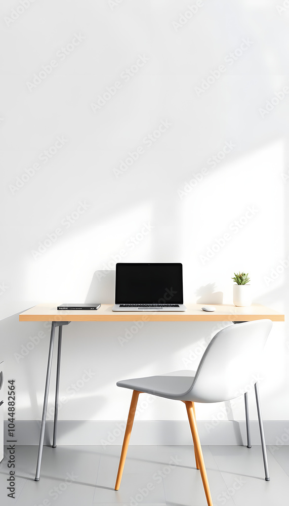 Minimal working desk with opened notebook laptop mockup over white wall isolated with white highlights, png