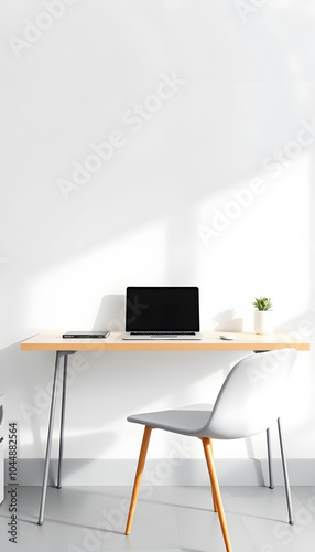 Minimal working desk with opened notebook laptop mockup over white wall isolated with white highlights, png