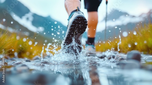 A close up shot of a hiker feet wading through a shallow stream, showcasing the connection between nature and the journey.