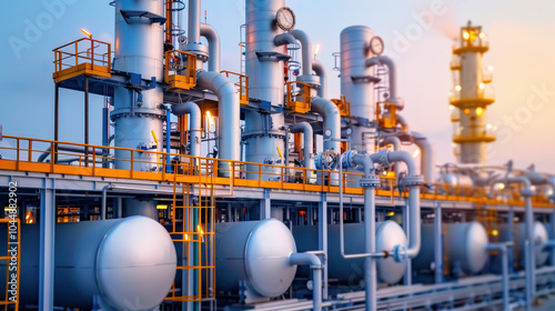 Industrial petrochemical processing towers with smoke rising, showcasing complex piping and storage tanks. scene captures essence of modern energy production