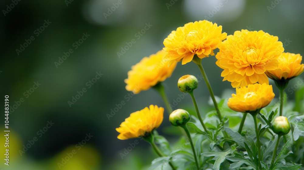 Bright yellow flowers bloom vibrantly in lush green garden, showcasing their cheerful petals and fresh buds. scene evokes sense of joy and tranquility Bright yellow flowers bloom vibrantly in lush green garden, showcasing their cheerful petals and fresh buds. scene evokes sense of joy and tranquility