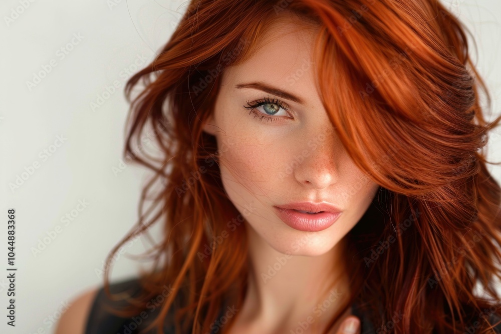 Young redhead female model with beautiful blue eyes and long wavy hair looking at camera Young redhead female model with beautiful blue eyes and long wavy hair looking at camera