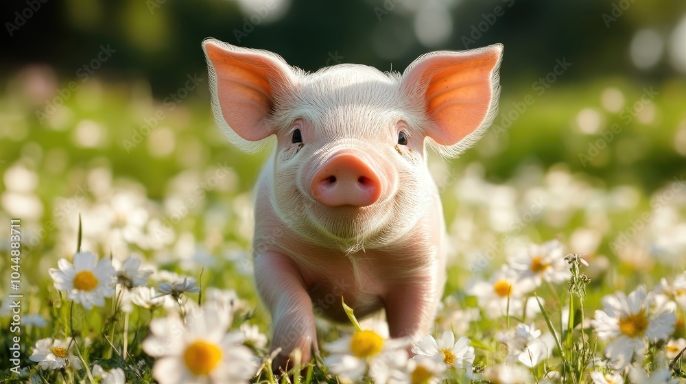 Adorable Piglet Walking Through Flower Field Adorable Piglet Walking Through Flower Field