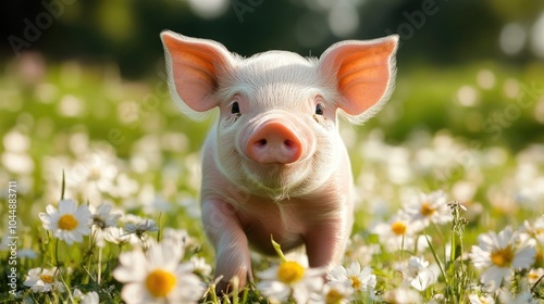 Adorable Piglet Walking Through Flower Field