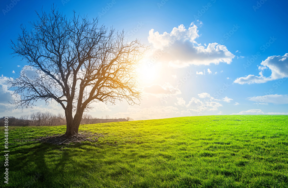 Fototapeta premium Climate change from drought to green growth, Climate change withered tree and dry earth