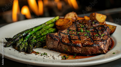 Delicious T bone steak served with roasted potatoes and grilled asparagus, creating mouthwatering meal that is perfect for any occasion