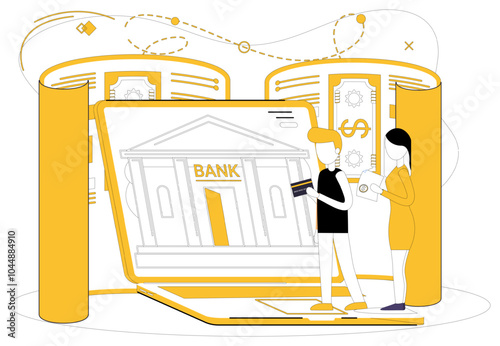 Savings account. A man and woman stand in front of a laptop displaying a bank building. Yellow and white tones dominate the background. Ideal for online banking, financial management, digital