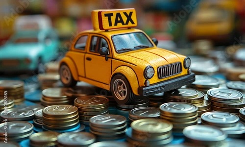 A toy taxi on a pile of coins, symbolizing taxes and finance.