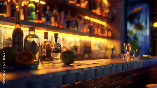 Three bottles of liquor sit on a bar counter, illuminated by warm lights.