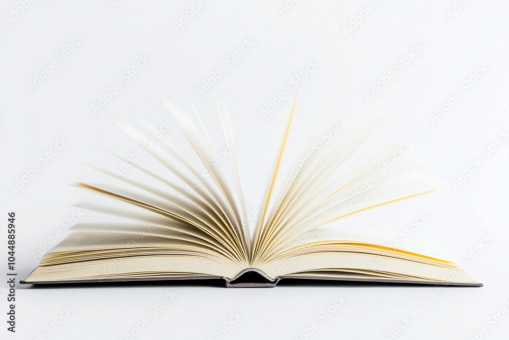 Fototapeta premium Open book with moving pages, dark gray cover, isolated on white background.