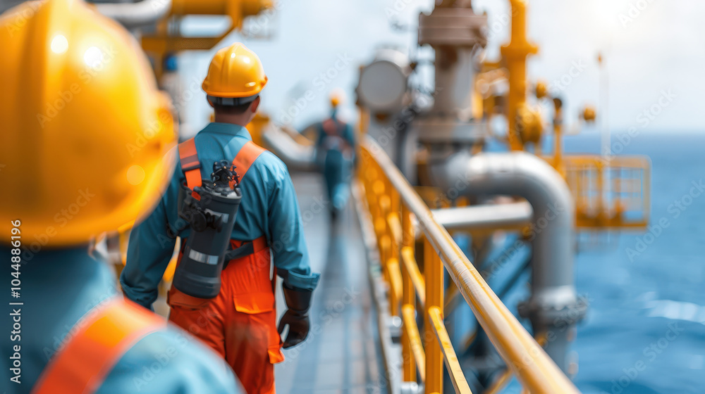 Workers in petrochemical facility are seen walking along platform, showcasing their safety gear and industrial environment. scene reflects sense of diligence and teamwork Workers in petrochemical facility are seen walking along platform, showcasing their safety gear and industrial environment. scene reflects sense of diligence and teamwork