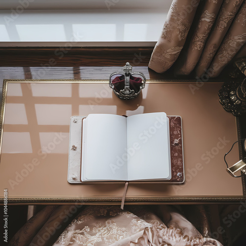 Elegant workspace featuring an open, blank notebook on a polished desk, complemented by a decorative crown-shaped trinket and luxurious curtains casting soft shadows. photo