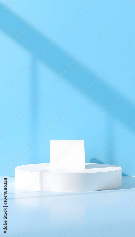 Abstract empty white podium with geometric shadows on blue background. Mock up stand for product presentation. 3D Render. Minimal concept isolated with white highlights, png Abstract empty white podium with geometric shadows on blue background. Mock up stand for product presentation. 3D Render. Minimal concept isolated with white highlights, png