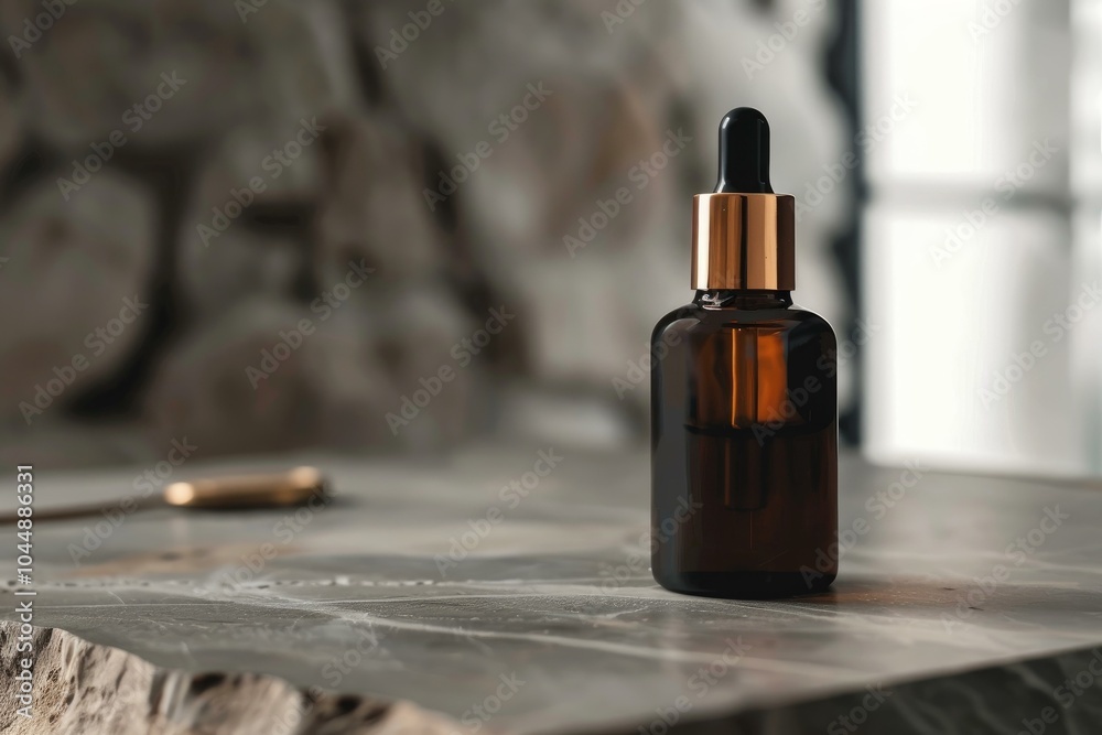 Luxurious amber glass dropper bottle with a blurred background, perfect for skincare Luxurious amber glass dropper bottle with a blurred background, perfect for skincare
