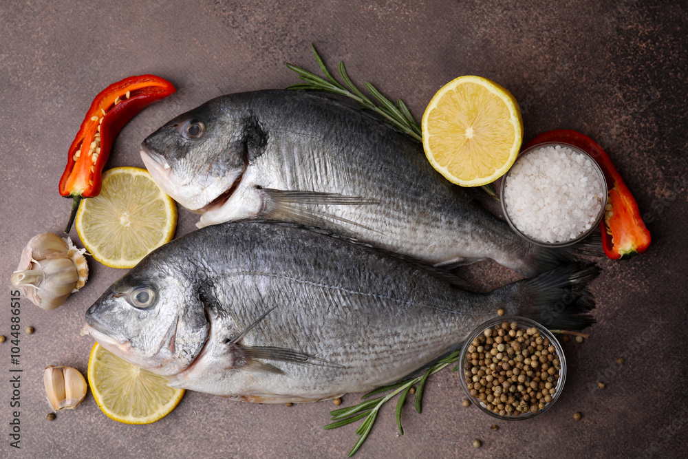 Sea food. Fresh raw fish and products on brown table, flat lay Sea food. Fresh raw fish and products on brown table, flat lay