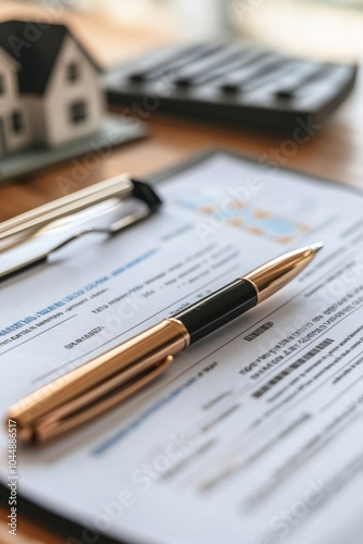 Real estate agreement with pen on table, miniature house model, calculator, and glasses, symbolizing property purchase and investment decisions.