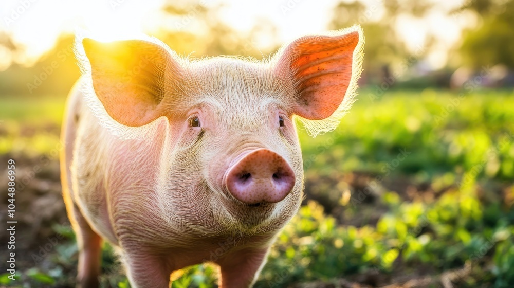Cute piglet in sunny green field at golden hour Cute piglet in sunny green field at golden hour