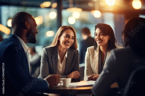 Multicultural professional businesspeople working together teamwork laughing meeting.