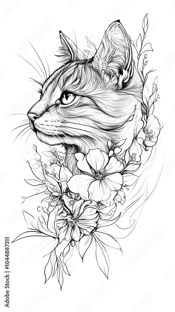 Tattoo design: a cute cat head with flowers around it, in black and white ink on paper, against a white background Tattoo design: a cute cat head with flowers around it, in black and white ink on paper, against a white background