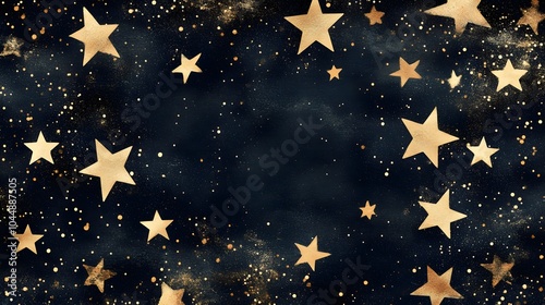 A pattern of various-sized golden stars scattered across a dark blue background