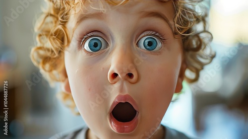 A young boy with curly blond hair stares wide-eyed at the camera, mouth agape in surprise.