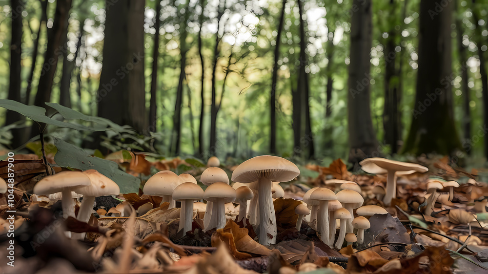 A cluster of mushrooms growing on the forest floor, surrounded by fallen leaves and greenery, with tall trees creating a serene woodland backdrop. Perfect for nature enthusiasts. A cluster of mushrooms growing on the forest floor, surrounded by fallen leaves and greenery, with tall trees creating a serene woodland backdrop. Perfect for nature enthusiasts.