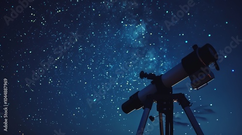 A telescope pointed up at the night sky filled with stars. photo