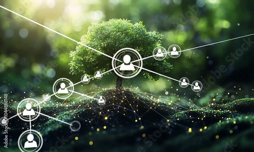 A vibrant tree on a hill, surrounded by glowing connections.