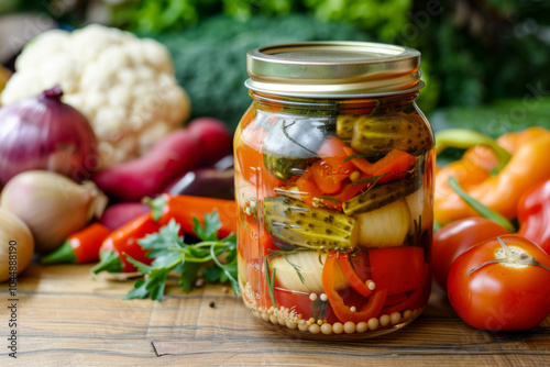 Jar with assorted pickled vegetables on kitchen counter with different veggies on background photo