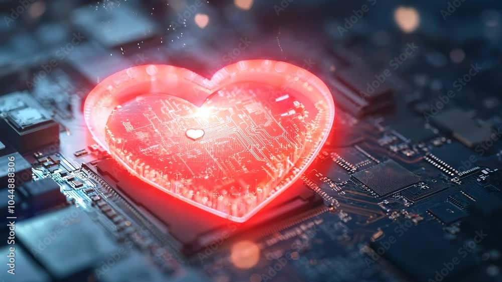 Heart motif embedded within a computer chip illustrating the combination of technology and feelings