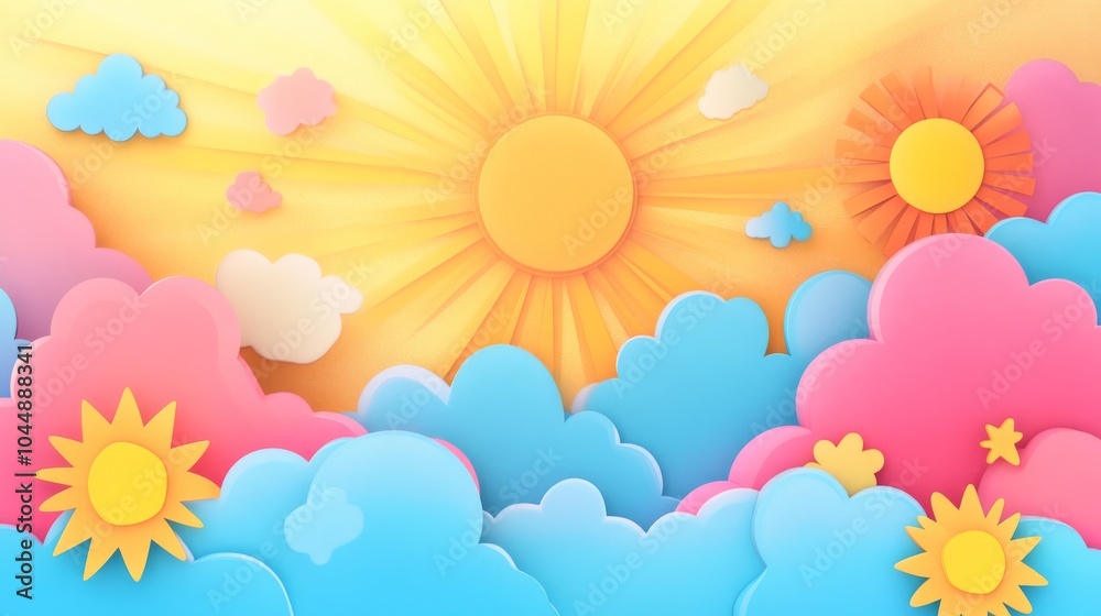 Colorful Cute Clouds and Sun Illustration Template Colorful Cute Clouds and Sun Illustration Template