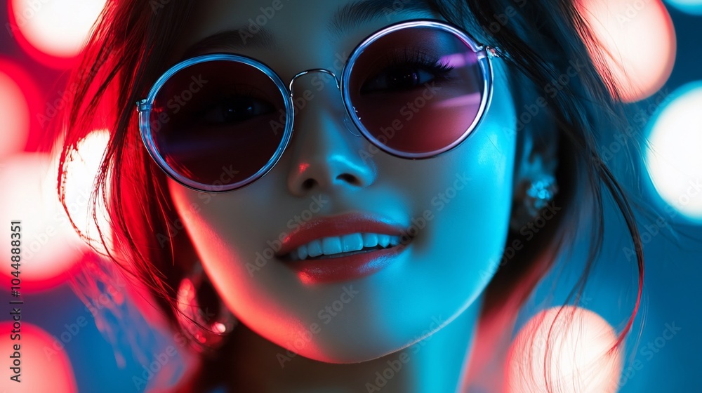 Close-up portrait of a young woman with sunglasses and a colorful background.