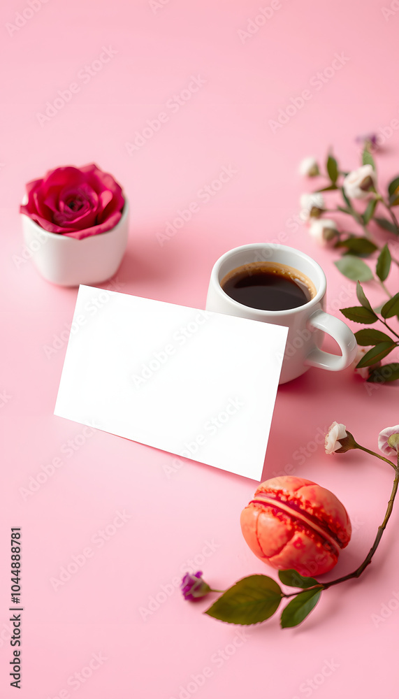 White paper business card mockup with red and purple macaroons and cup of coffee on pink pastel background. side view, copy space isolated with white highlights, png White paper business card mockup with red and purple macaroons and cup of coffee on pink pastel background. side view, copy space isolated with white highlights, png