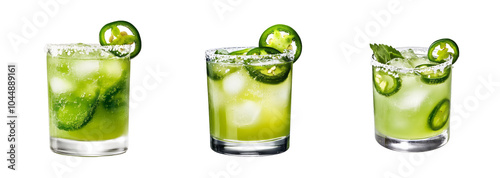 A collection of refreshing jalapeno margaritas with salted rims isolated on a transparent background, perfect for Cinco de Mayo celebrations