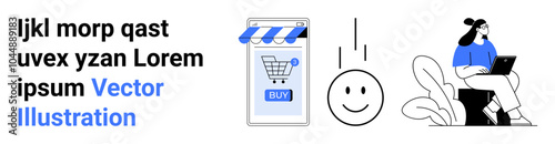 Online shopping cart with a buy button a happy face and a person working on a laptop. Ideal for e-commerce, digital communication, online shopping, user interaction, and remote work. Banner